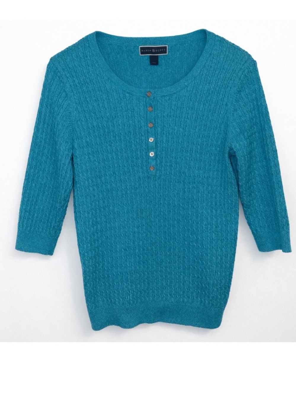 Karen Scott Teal Ribbed Knit Henley Sweater Top 💙 3/4 Sleeve | Size L